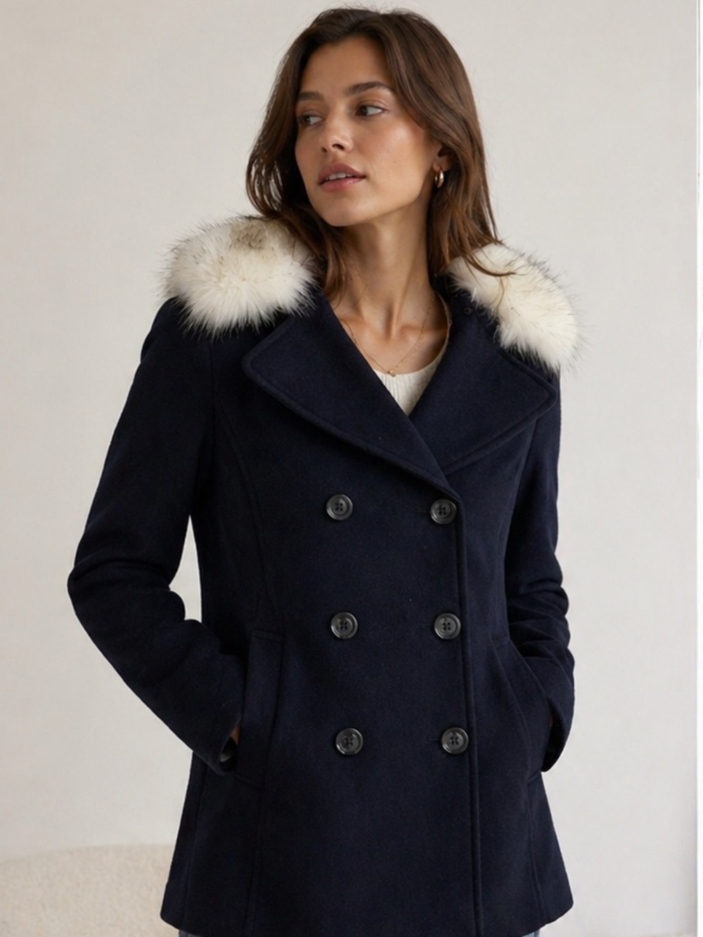 Forever 21 Navy Peacoat with Faux Fur-Trimmed Hood